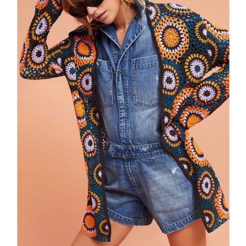 Colorful Crochet Open-Front Cardigan